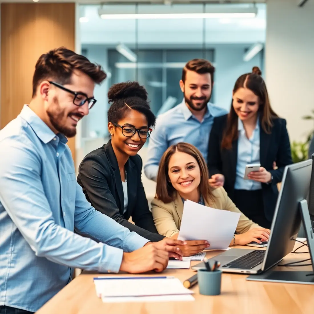 diverse team of professionals working on technology solutions in modern office